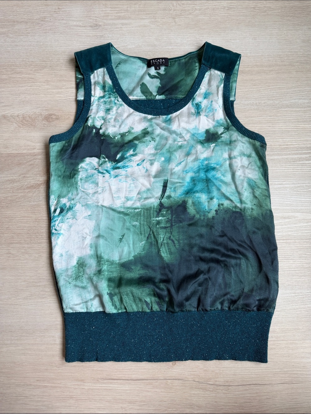 Vintage Escada Green and Teal Watercolor Sleeveless Knit Silk Top
